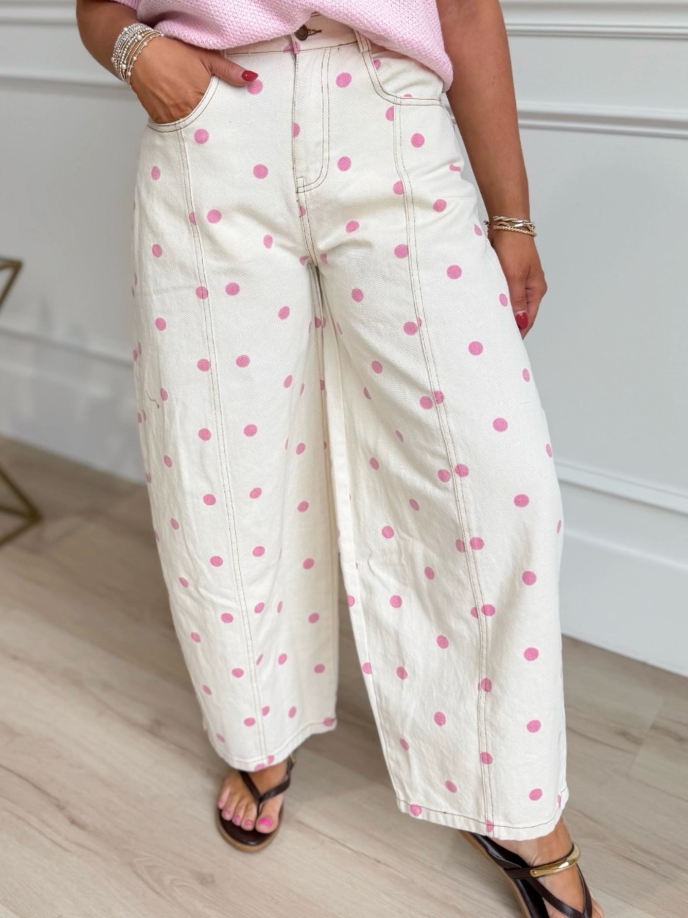 Peach Love California Cream Wide Leg Jeans with Pink Polka Dots